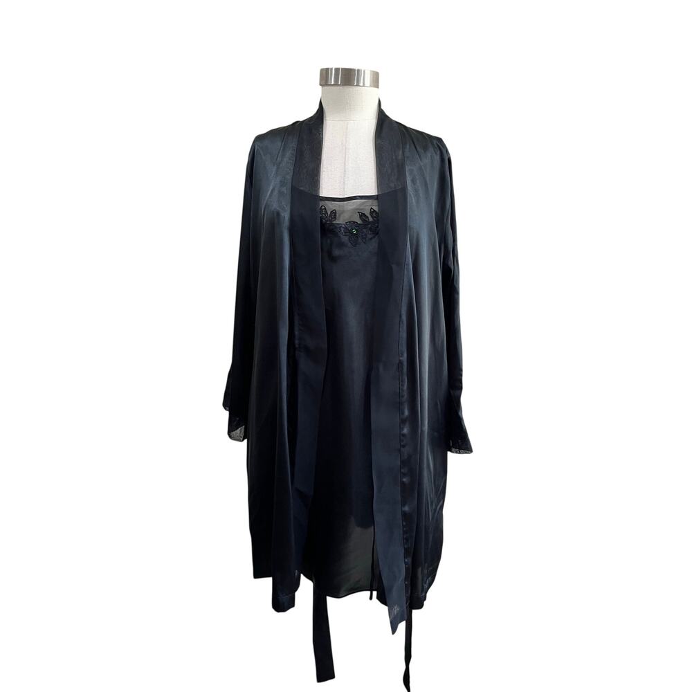 Morgan Taylor Black Satin Slip Dress Robe Set Lingerie Size M
